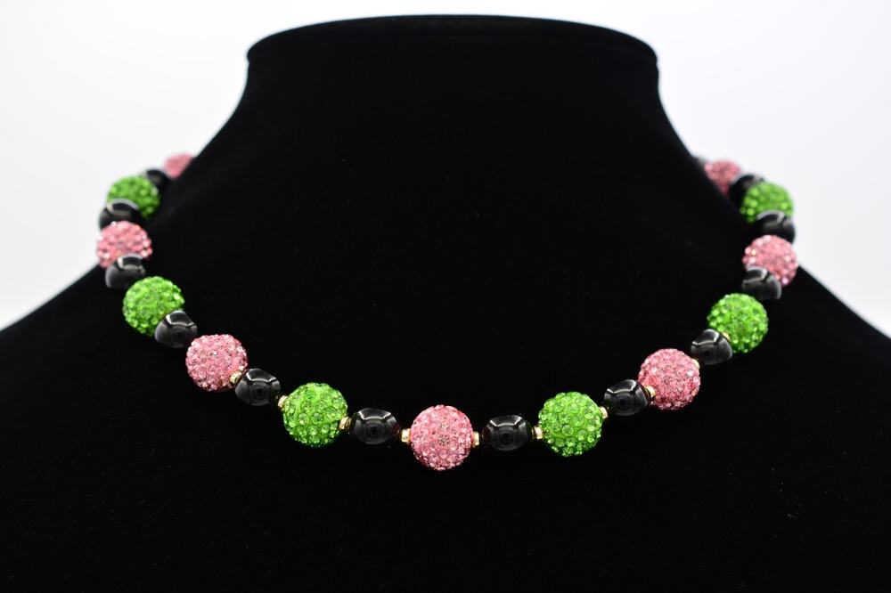 Notte Pink Green Rhinestone Crystal Ball Black Onyx Beaded Necklace Gold 2C